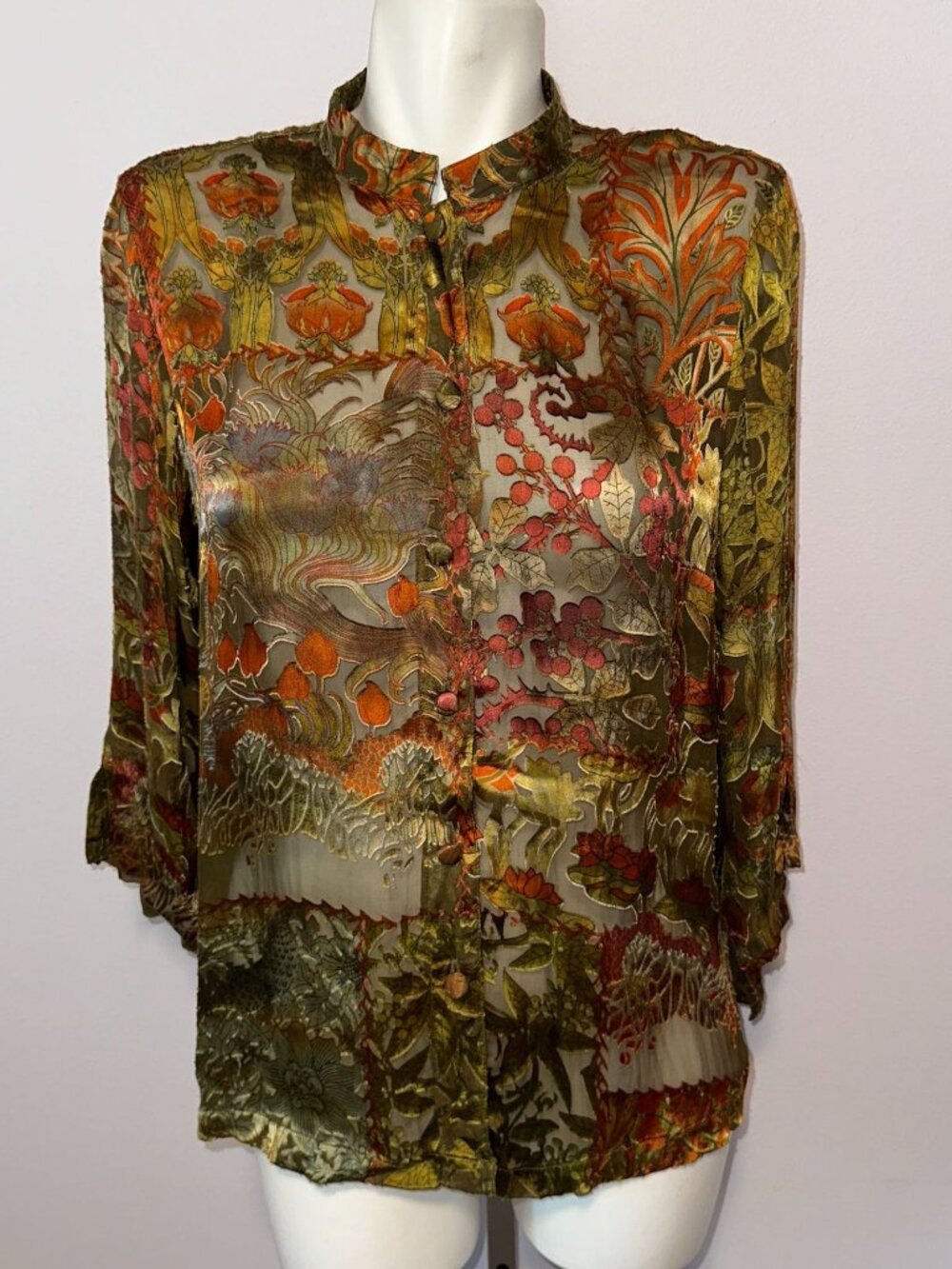 Citron Santa Monica M Asian Inspired Sheer Silk Burnout Blouse Boho Whimsigoth